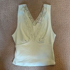 Reformation Lace Trim V-Neck Tank Top in Soft Green